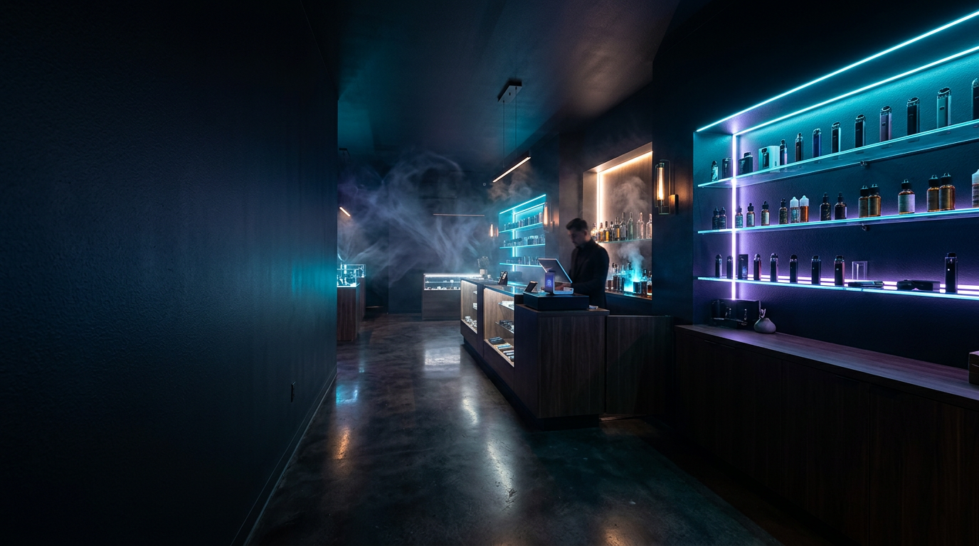 Premium vape boutique interior with gold-lit displays in Hyderabad